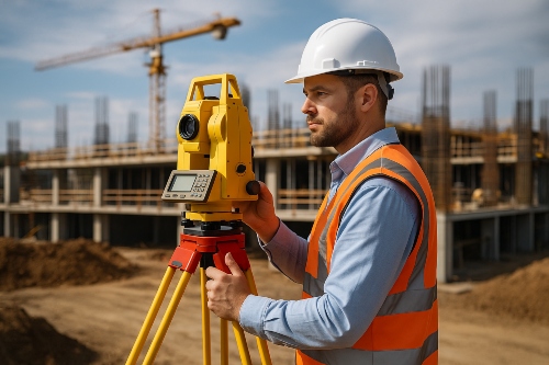 Surveyor conducting property survey at a commercial development site